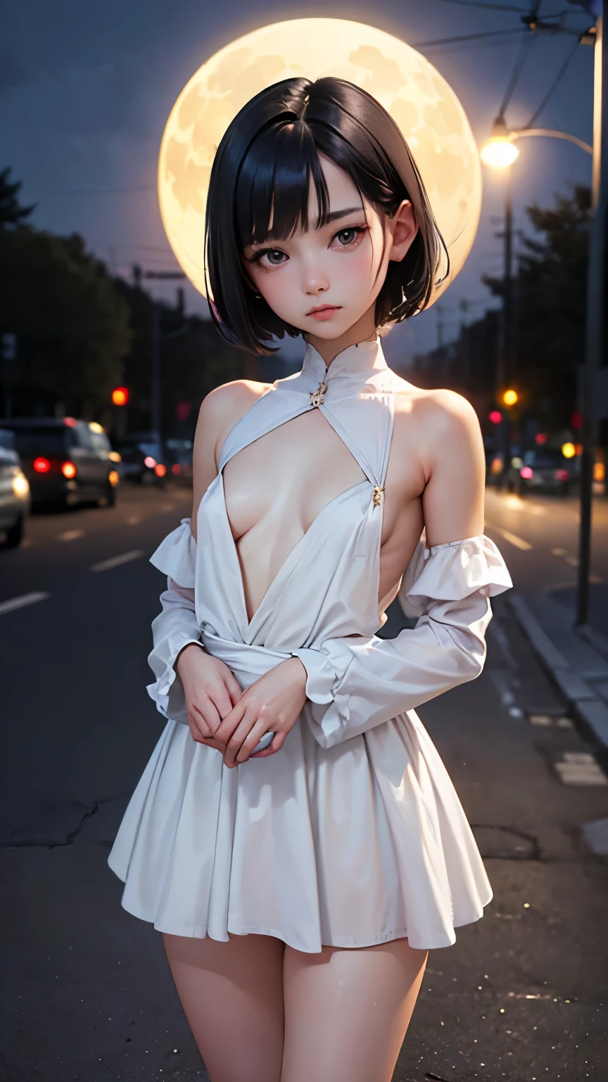(,Street lamp,moon),masterpiece, One woman, Solo Exhibitions, Beautiful woman with small breasts,Beautiful Goddess Portrait, Beautiful and elaborate face, Porcelain-like skin, (((Full Shot,center, night, Black Hair, short hair)), Very soft lighting, Full Shot,Symmetric, complicated, grace, Attention to detail, realism, art, concept art,White clothes