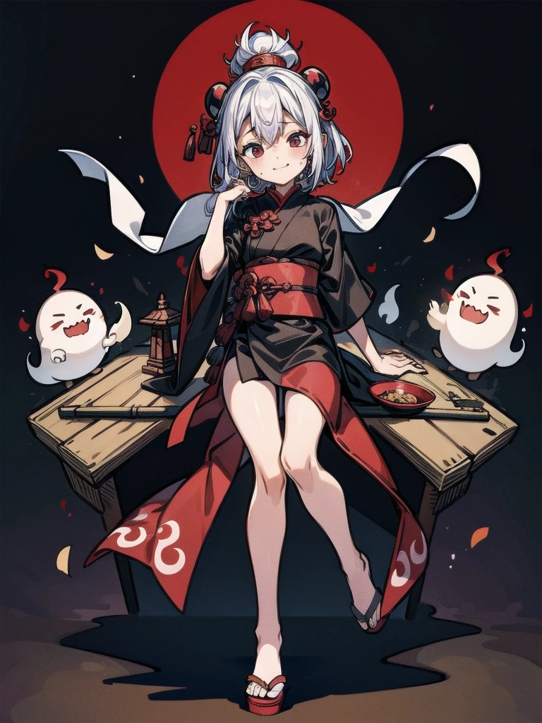 ((in shrine)), red-black costume, holding a sword, Onmyoji, nobushi, Flowing white robe, Ghost fire, Daoism, (put on Mask), absurdres, RAW photo, extremely delicate and beautiful, masterpiece, Best Quality, ultra high resolution, 32k, hyperrealistic, ultra-detailed, detailed description, pale skin, 20 years old, tearful mole, earring, Colossal tits, short medium hair, wavy hair, evil grin, full body shot,