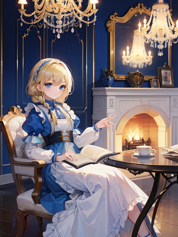 (8k, highest quality, Tabletop:1.2)、Ultra-high resolution、Alice in Wonderland, One 12-year-old girl, Detailed face、blue eyes, Blonde, Braid, Blue Dress, White apron, Clothes with bulging sleeves, Long skirt, room with fireplace, chandelier, Sit on a chair, I read a book