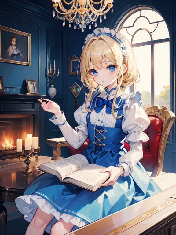 (8k, highest quality, Tabletop:1.2)、Ultra-high resolution、Alice in Wonderland, One ****************, Detailed face、blue eyes, Blonde, Braid, Blue Dress, White apron, Clothes with bulging sleeves, Long skirt, room with fireplace, chandelier, Sit on a chair, I read a book