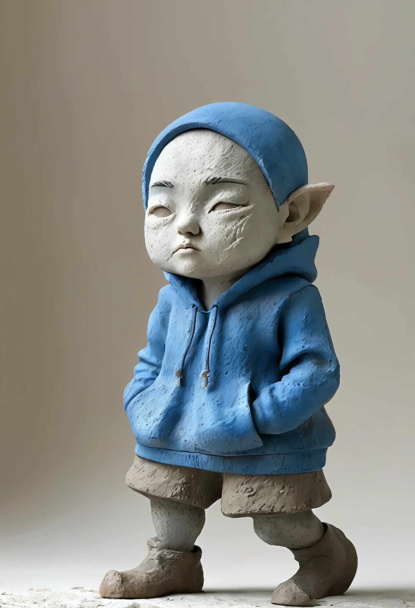 (best quality:1.2),ultra-light Clay, Clay, Pottery, Rough knitted texture, distressed, dirty, mineral pigments, 3D Clay sculpture art, Clay sculpture, Rough surface, (Art work，Blue Hoodie，Shefner the Dwarf,Long legs，concept art,)