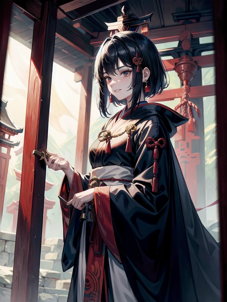 ((in shrine)), red-black costume, holding a sword, Onmyoji, nobushi, Flowing white robe, Ghost fire, Daoism, (put on Mask), absurdres, RAW photo, extremely delicate and beautiful, masterpiece, Best Quality, ultra high resolution, 32k, hyperrealistic, ultra-detailed, detailed description, pale skin, 20 years old, tearful mole, earring, Colossal tits, short medium hair, wavy hair, evil grin, full body shot,