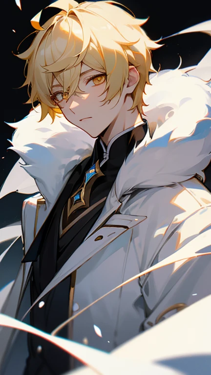 Aether from Genshin Impact. Blonde short hair. 1boy. Golden eyes. Perfect face. Glowing eyes.  White coat with black fur.