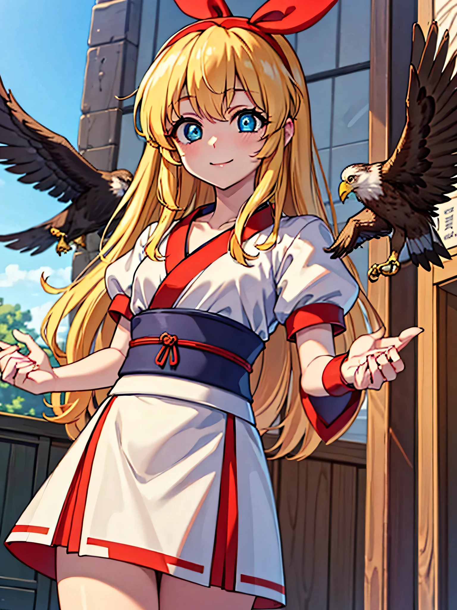 Nakoruru, SAMURAI SPIRITS,
flat chest,(nsfw:0.7),(RED Ribbon on HAIRband:1.2),8k,highest quality,masterpiece,1 girl, an eagle, stagnation, red bow, bow, long hair, hair bow, alone, hair band, Blonde hair,  sash, bangs, chest, RED eyes:1.5, smile,blush, bird view ,School　Back of school building,peek from below,(masterpiece:1.2), highest quality, High resolution, unity 8k wallpaper, (shape:0.8), (beautiful and detailed eyes:1.6), highly detailed face, perfect lighting, Very detailed CG, (perfect hands, perfect anatomy),