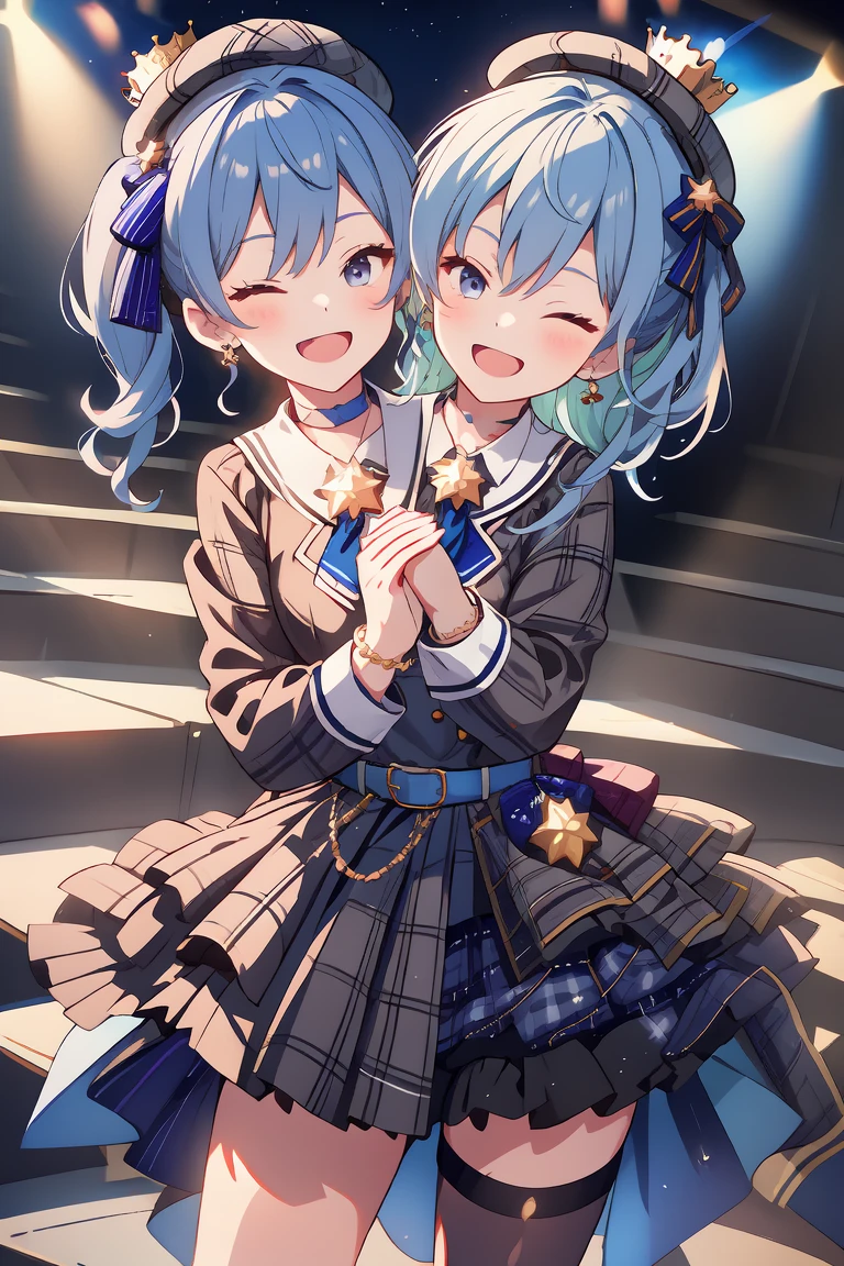 (masterpiece, best quality), best resolution, 16k, (2heads:1.5), close-up, 1girl, solo, HoshimachiSuisei, side ponytail, blue hair ribbon, SuiseiBase, plaid beret, crown, blue star choker, star earrings, blue ascot, plaid jacket, plaid skirt, layered skirt, partially fingerless gloves, star bracelet, uneven legwear, thigh strap, standing, ((cheek to cheek)), (own hands together, praying hangs), smile, open mouth, eyes closed, singing, look at viewer, stable, concert stage, starfield, spotlight