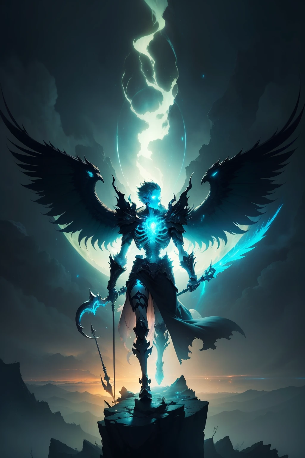 A skeleton, clad in tattered robes and wielding a mighty scythe, stands atop a jagged rock formation with plasma wings spreading behind him in a dynamic pose. The skeletal monarch gazes into the distance, his hollow eyes reflecting the flickering flames of an inferno that rages below. The sky above is cloudy and murky, illuminated by the flickering glow of the flames and the eerie green hue of the plasma wings. The scene is rendered in a beautiful, intricate art style that incorporates elements of Makoto Shinkai's ethereal landscapes, Studio Ghibli's whimsical character designs, Genshin Impact