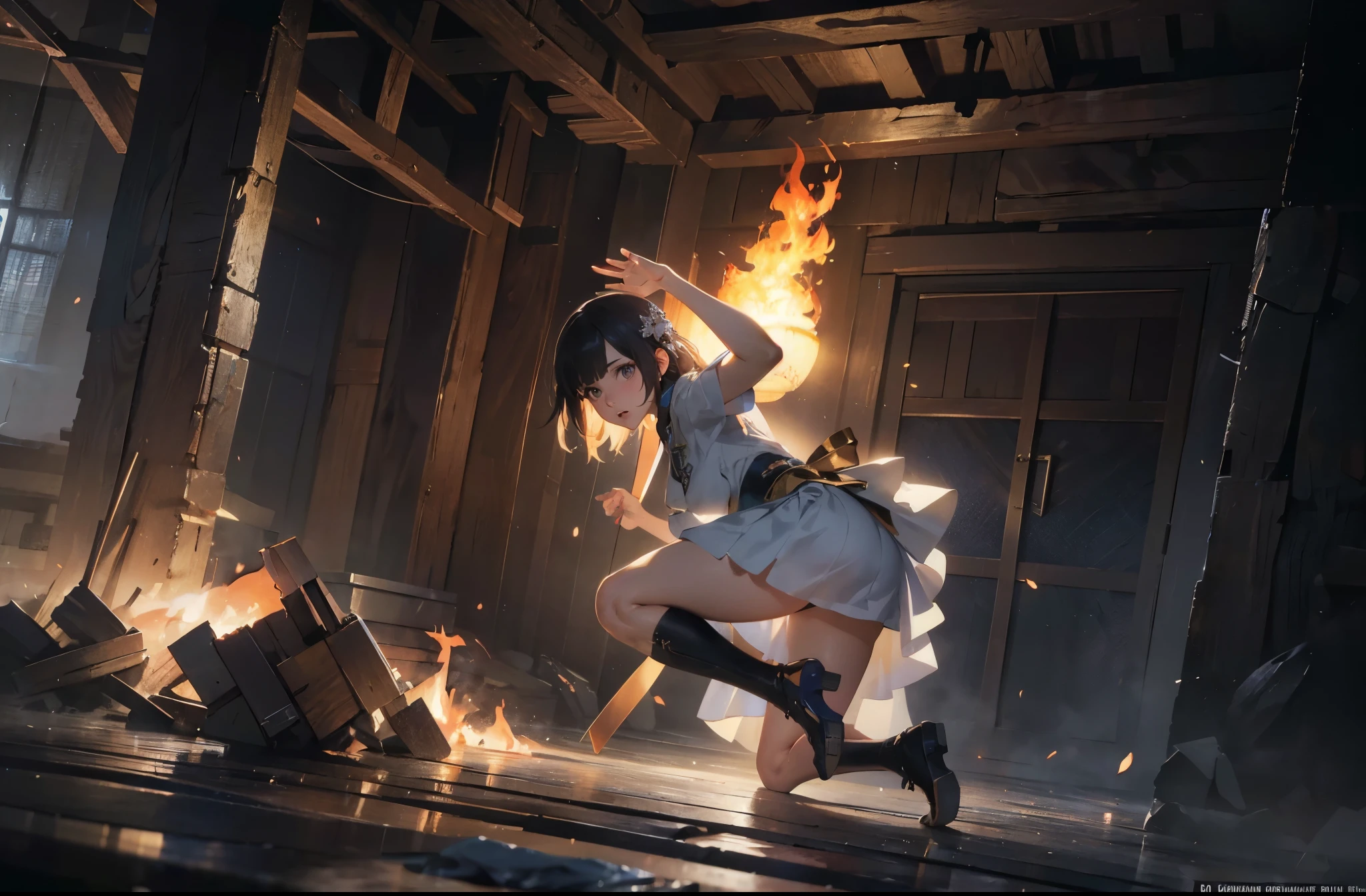 NSFW, (Official art, Best Quality, Unity 8k Wallpapers, 32K, masterpiece, ultra-detail art, super high resolution, realistic, Photo realstic:1.2), (natural soft light:1.2), Fire glow effect, film grains, Best Shadows, side lights, side shot, (Ultra-detailed and complex 3D rendering), Detailed beautiful face and eyes, Sharp pupils, anime - style illustration of a woman in a blue and white outfit, official character art, trending on cgstation, e-girl, full body, female action anime girl,