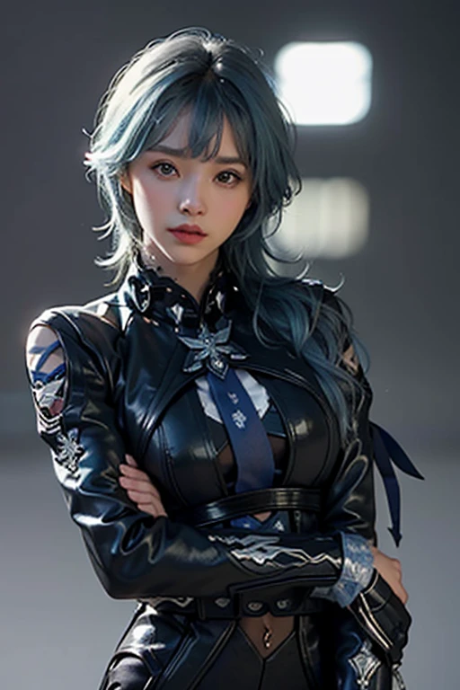 (highest quality, masterpiece:1.4), Confused, Super fine CG, 8k, Very detailed, Beautiful Face, Detailed face, 1 girl, alone, Euradev, Blue Hair, hair band, tight, Shiny skin, Tilt your head, rest, ((Gray background)), bloom, Particles of light, Depth of written border, Cowboy Shot, straight,