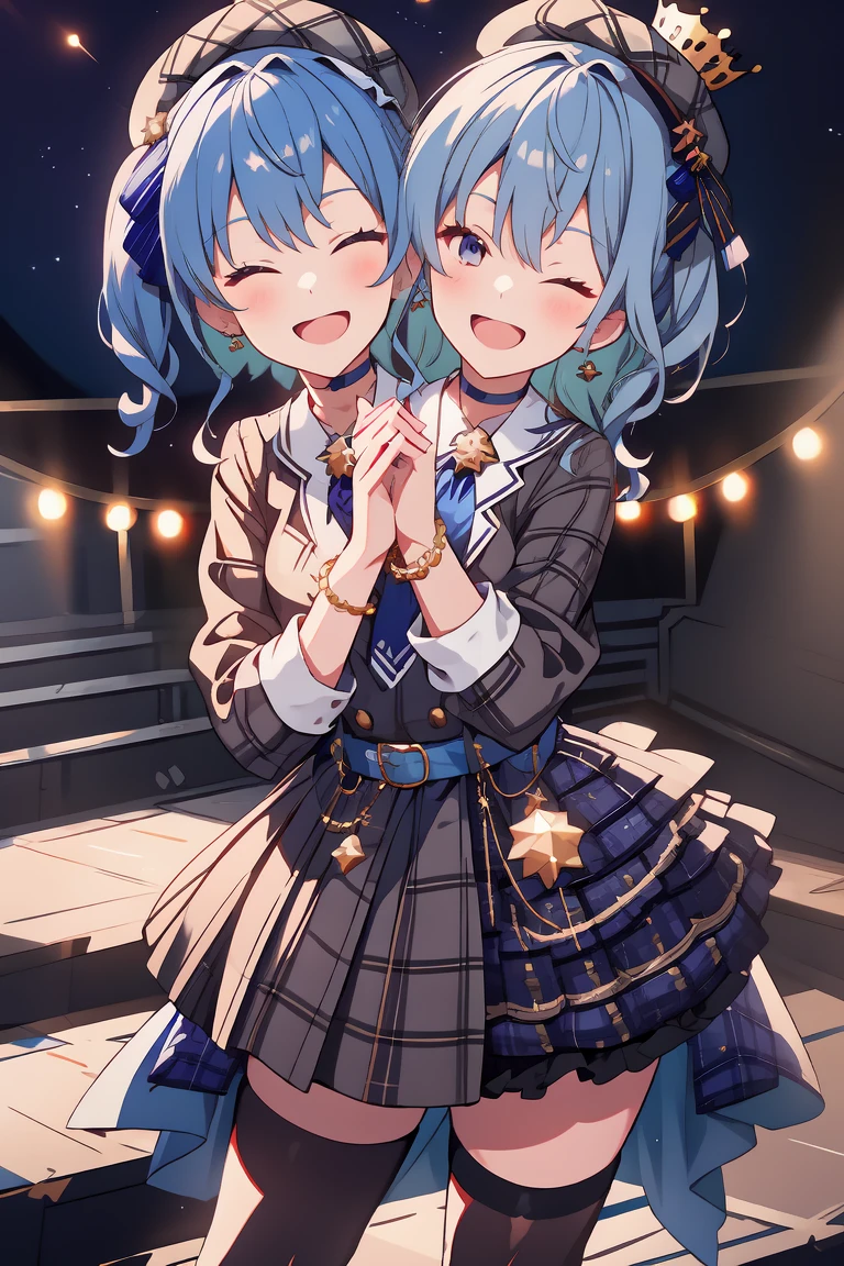 (masterpiece, best quality), best resolution, 16k, (2heads:1.5), close-up, 1girl, solo, HoshimachiSuisei, side ponytail, blue hair ribbon, SuiseiBase, plaid beret, crown, blue star choker, star earrings, blue ascot, plaid jacket, plaid skirt, layered skirt, partially fingerless gloves, star bracelet, uneven legwear, thigh strap, standing, ((cheek to cheek)), (own hands together, praying hangs), smile, open mouth, eyes closed, singing, look at viewer, stable, concert stage, starfield, spotlight