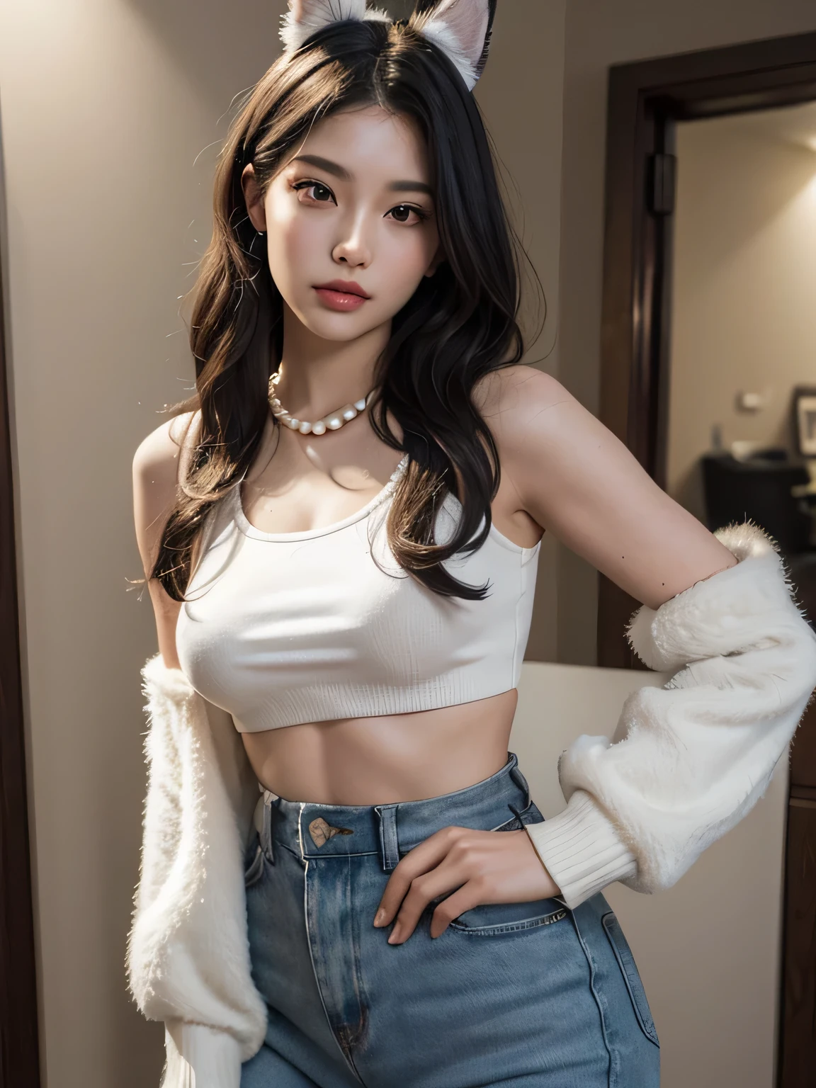 (best quality,4k,8k,highres,masterpiece:1.2),ultra-detailed,(realistic,photorealistic,photo-realistic:1.37),Medium Butterfly cut hair color gray,Oval face,white flawless fur,Round eyes color amber,bottom nose,round full lips,douyin makeup palette color brows,long lashes,dog furry girl,croptop black,jean skirt with Doubles,pearl necklace,hand warmer,Dog ears,Dog tail,Hourglass body