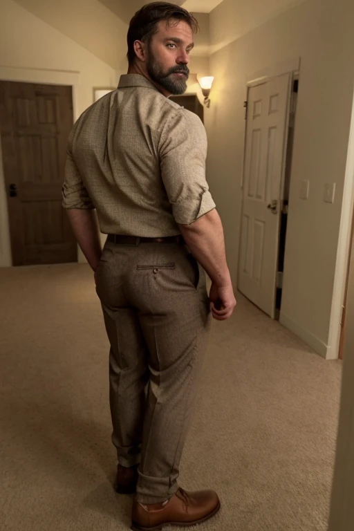 JordanBrandt, 45yo, short mustache and beard, wearing ropa semi formal, kaki trousers, backside
