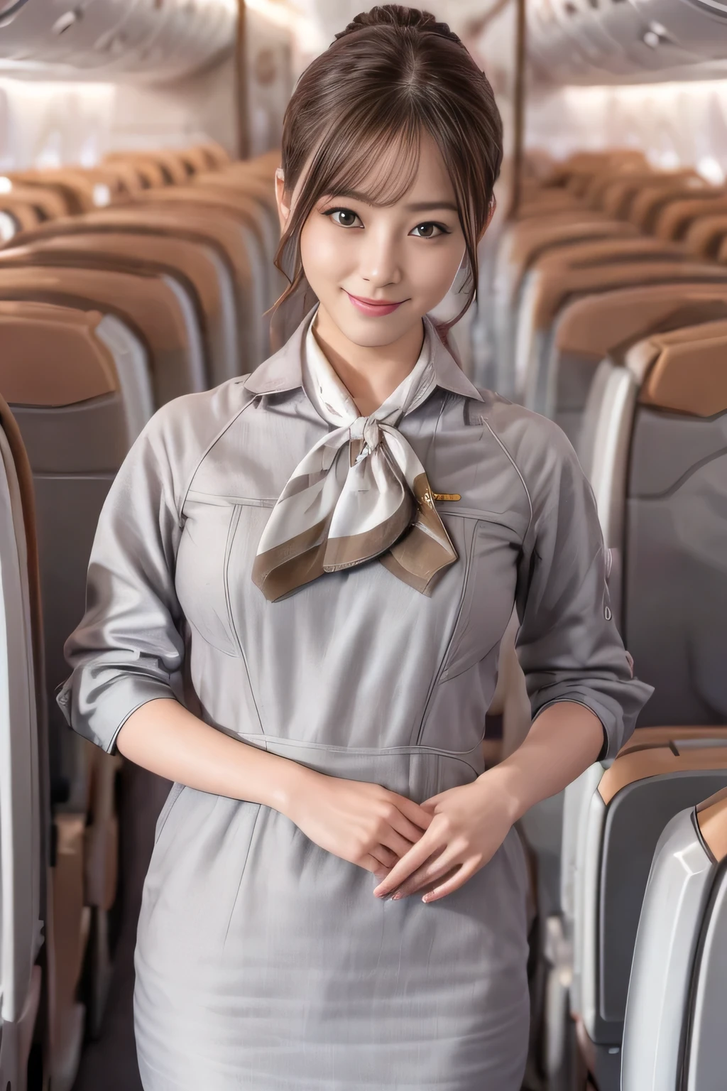 (masterpiece:1.2、highest quality:1.2)、32K HDR、High resolution、(alone、1 girl、Slim figure)、(Realistic style with Starlux Airlines uniform)、 (On board a passenger aircraft, Professional Lighting)、A proper woman, Beautiful Face,、(Starlux Airlines silver uniform:1.4)、(Starlux Airlines silver uniform with short sleeves)、(scarf on chest)、Big Breasts、(Long hair updo、Chignon)、Dark brown hair、Long Shot、((Fine hand:2.0))、((Harmonious body proportions:1.5))、((Normal limbs:2.0))、((Normal finger:2.0))、((Delicate eyes:2.0))、((Normal eyes:2.0)))、Beautiful standing posture、smile