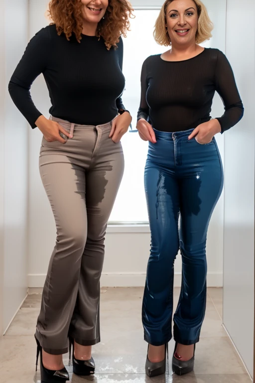 (((two women)), ((attractive tall skinny)), (wide flares on jeans:1.2), platinum blonde hair,((very short frizzy Blunt Textured bob haircut)),white blouse,(big smile), standing in an office, SoakingWetClothes, ((black high heel pumps)), ((show heels)), jeans are wrinkled from wetness, pee stains on legs of jeans, pee stains on hips of jeans, (((full view))), full body view,