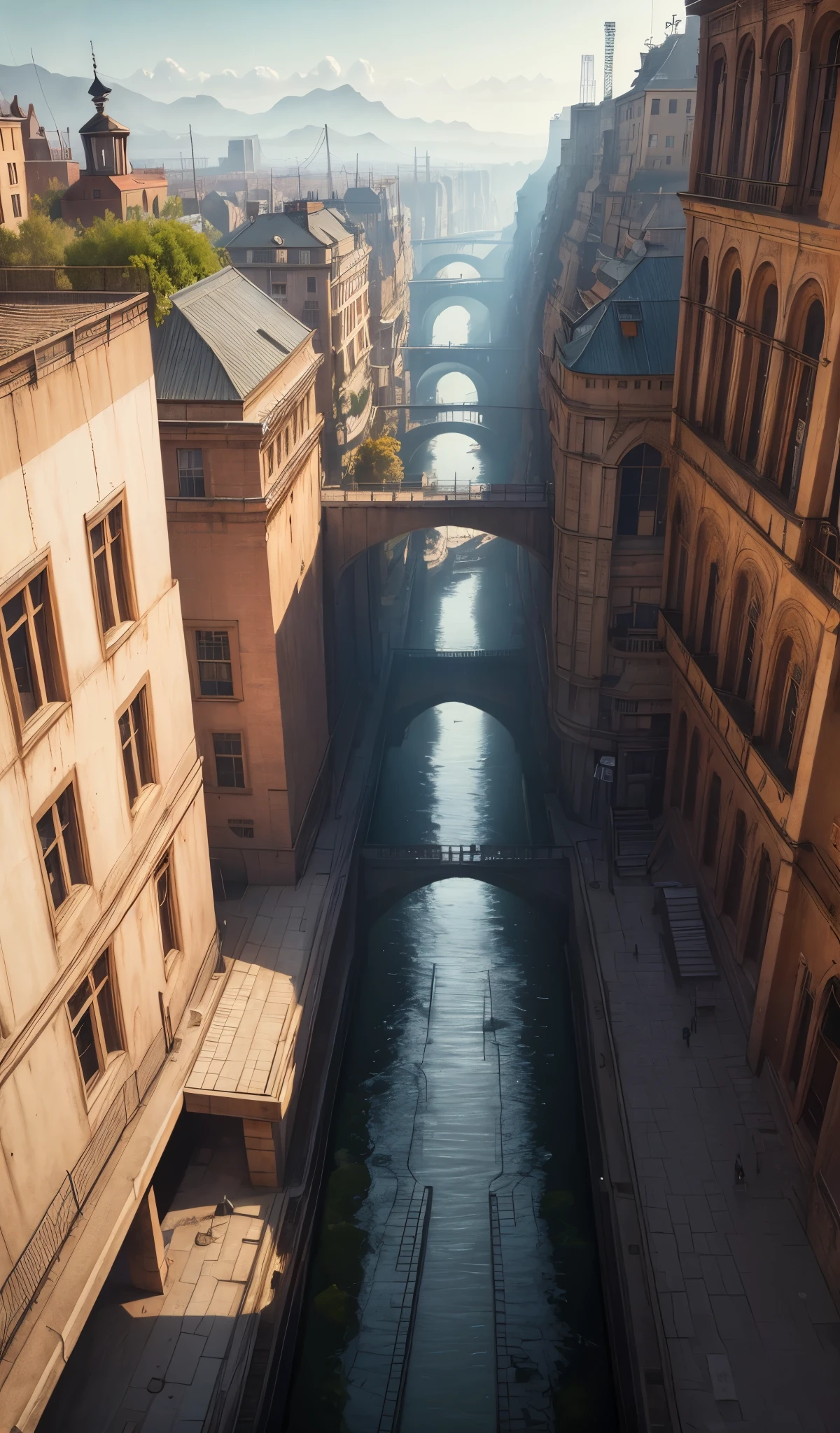 ((masterpiece)),((highest quality)),((Attention to detail)),((Realistic,))
Industrial City, There is a deep canyon in the middle, Architecture Street, Bazaar, bridge, Wet day, steampunk, European architecture