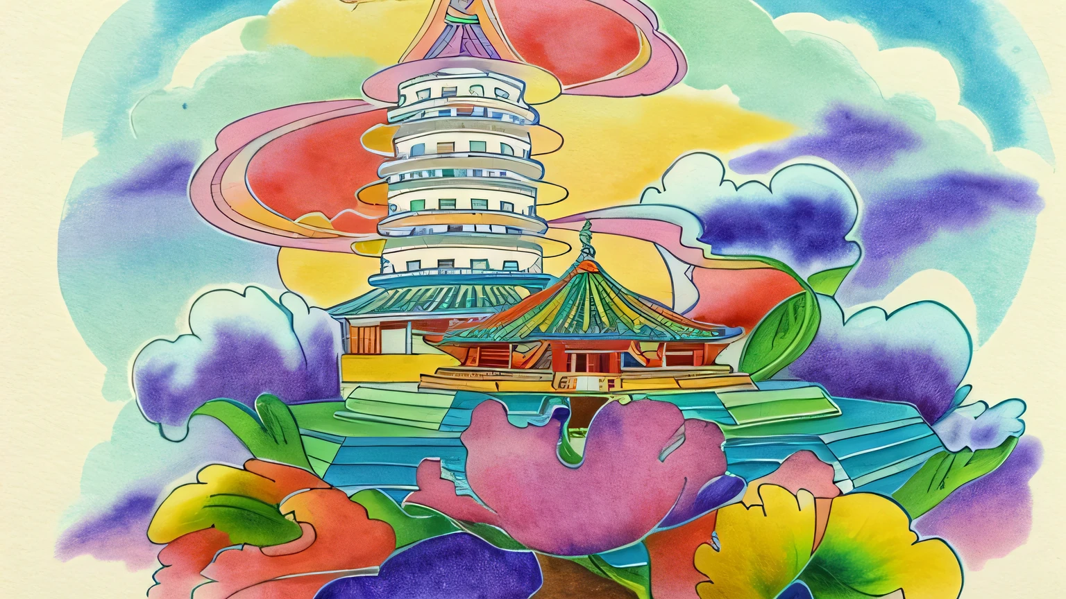 Chinese palace on the flower，Jestic in the Clouds，Glazed tiles，Vibrant colors，Ink Painting