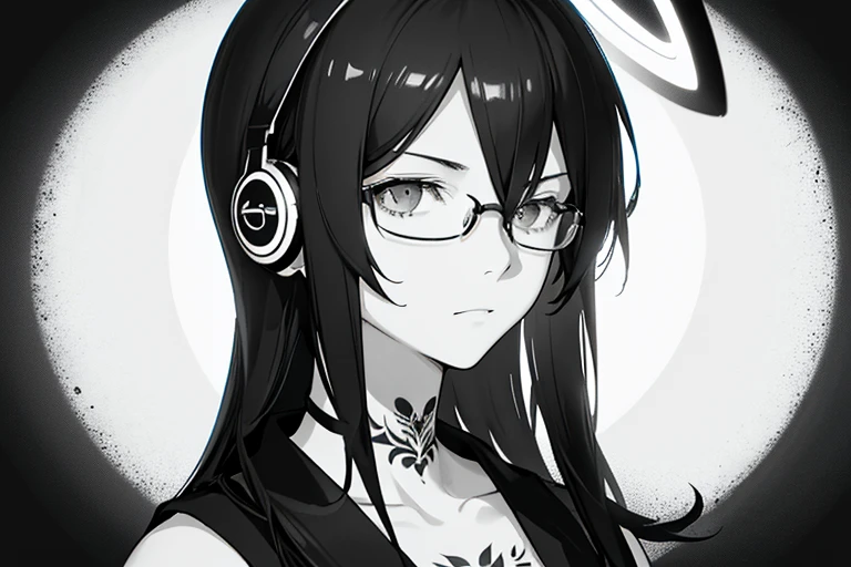 close, eye close, ((masterpiece)), ((Very detailed)), Pixiv, One man in his 20s, Best Shadow, Best lighting, highest quality, Cinematic shots, Rim Lightening, alone, Monochrome, grayscale, Long Hair, Mouth closed, Glasses, Portraiture, tattoo, neck tattoo, bangs, Headphones,Simple Background, clavicle, Men's Center, Gray background, In-person audience