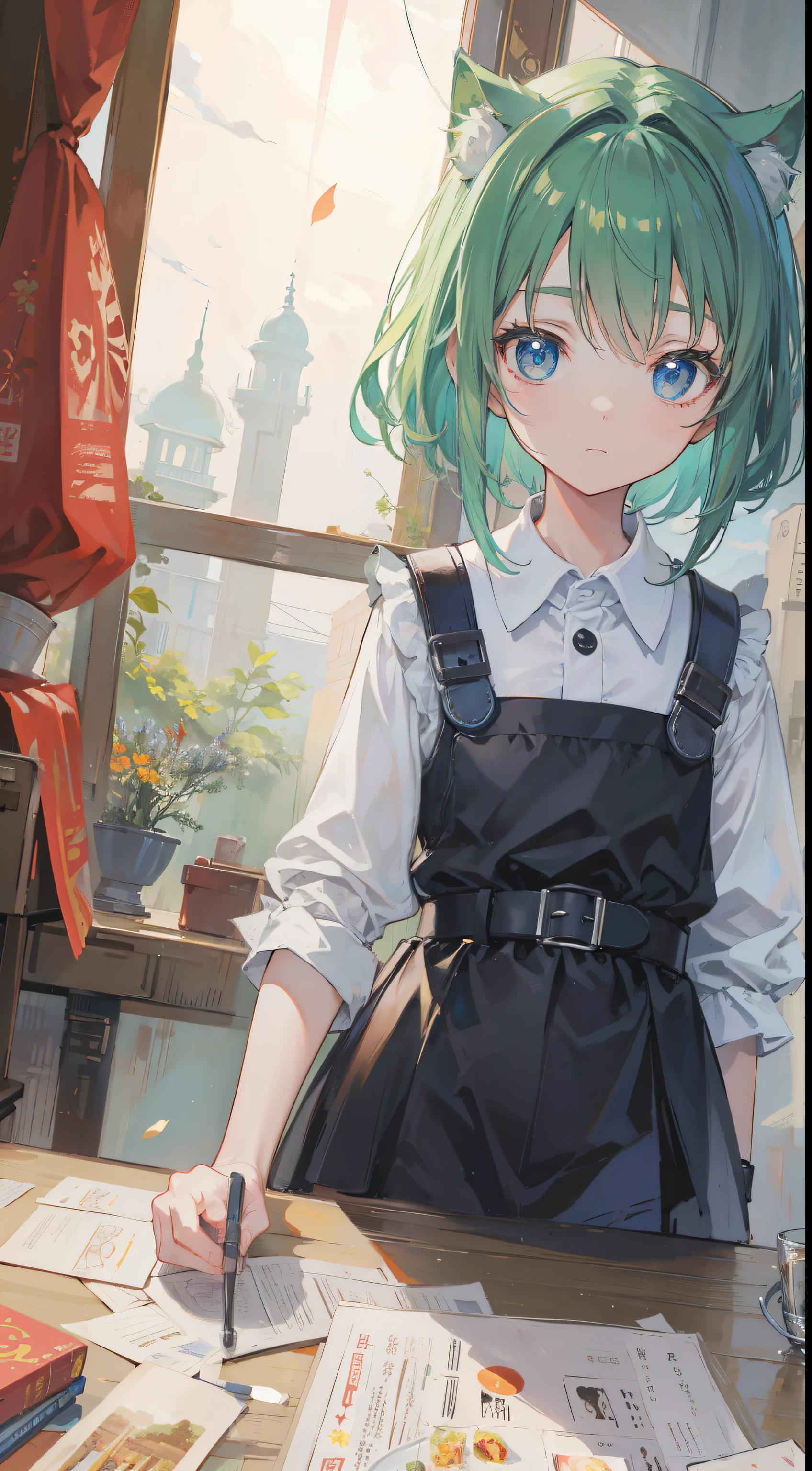 (Tabletop, highest quality: 1.1), Ghibli style, alone, , Weibo, Tinker's Wife (Tabletop), highest quality, Expressive eyes, Perfect Face, Small breasts, thin, ((Wearing a dress and playing the piano)),Transparent glass bottle body, Glass Girl, transparent, Wavy green hair, Pink and blue eyes, Green leaves of hair, Eyes like shining jewels, Long eyelashes, Transparency, ((Wearing a dress and playing the piano)), (Red Jewel Autumn Costume)), whole body, Standing Pose Reaching Out, thin feet, Perfect hands, Five Fingers, Yun News (Hmph), no_human, (((Cat ear))), Forest land