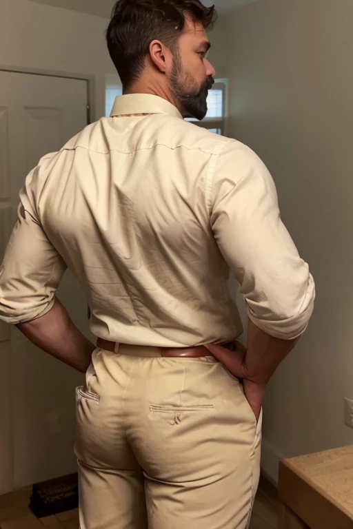 JordanBrandt, 45yo, short mustache and beard, wearing ropa semi formal, creme trousers, backside
