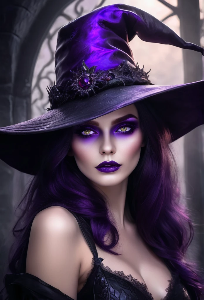 woman with purple makeup and purple hat, Side portrait of the Dark Witch, beautiful female witch, fantasy dark art, digital art fantasy, fantasy portrait, fantasy style portrait, tale of a witch, fantasy woman, beautiful fantasy style portrait, cute face. dark fantasy, gothic fantasy art, fashionable dark witch, glossy digital painting, gorgeous digital art, beautiful sorceress