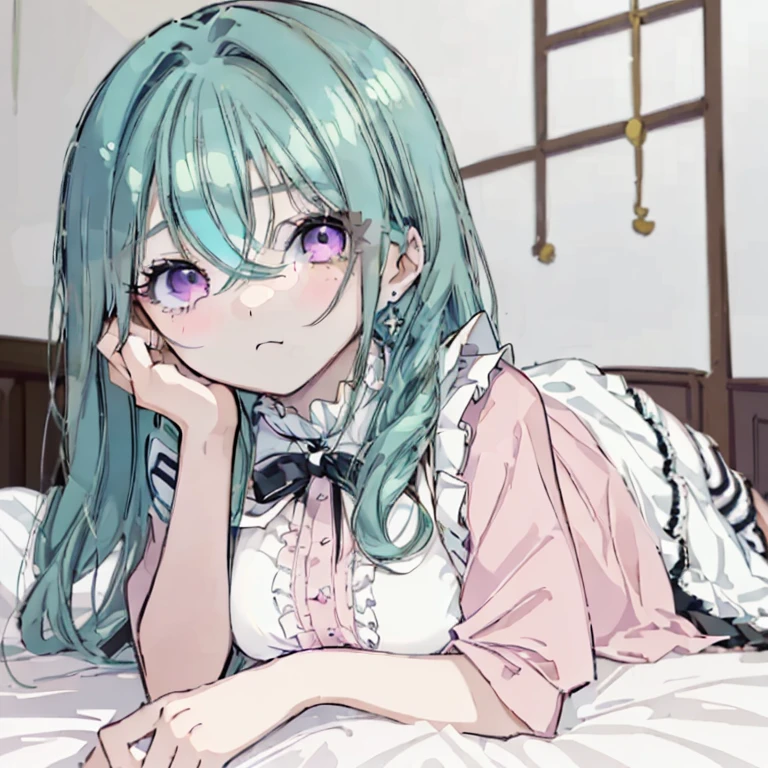 NSFW,((1man with 1woman,Having sex)),Lying down,Lift both legs,Turning the,vaginal penis,naked  man,Perfect body,Perfect hands,One Little Girl,Twin-tailed,Pink Lolita Clothes,Green hair,Striped socks,Whip thighs,blushed face,Pink eyes,angry looking face,Light blue Lolita,White background,Top image quality,Best Quality