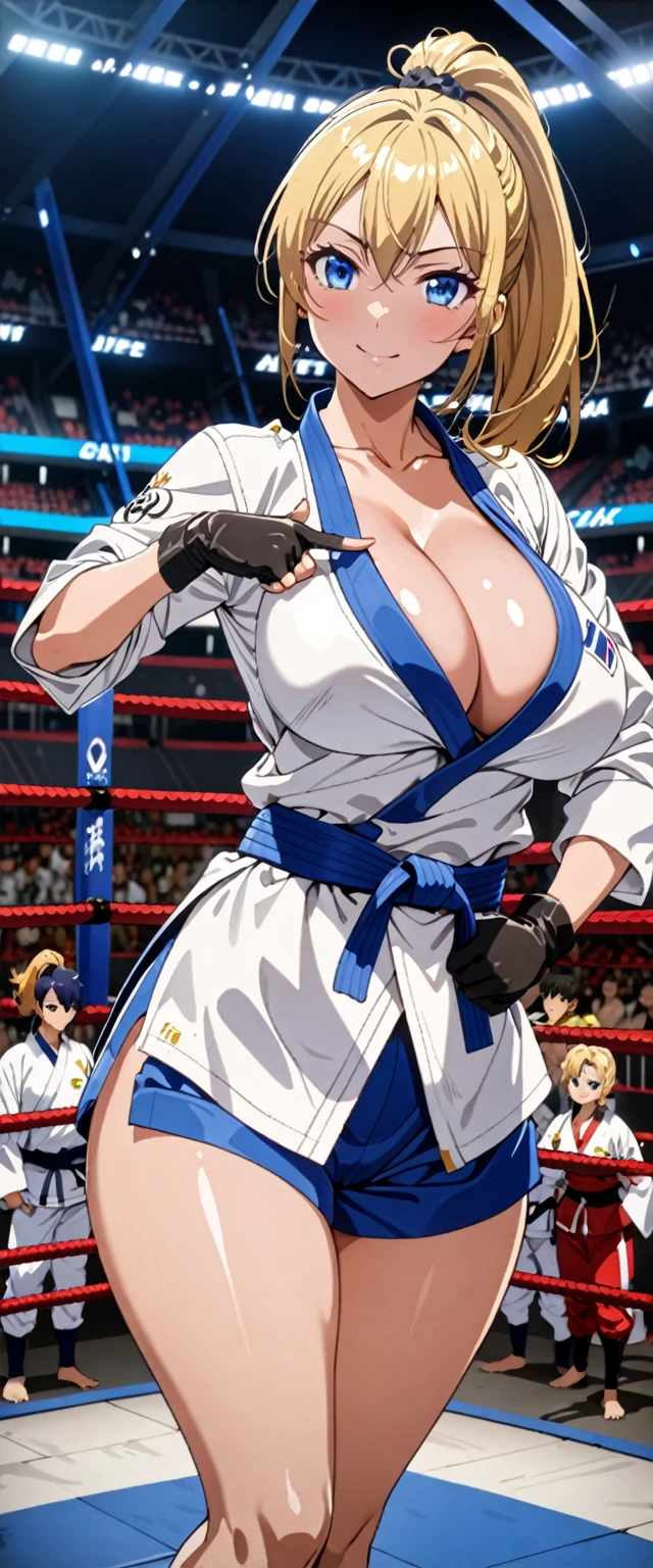 ((masterpiece)), ((high quality)), ((super detailed)), ((high resolution)) ,((8k)), a beautiful woman, ((She is one of the most famous female Gravure idol in the world.)), unparalleled beauty, ((huge breast)), ((large ass)), ((deep cleavage)), slim waist, chest out, ultra detailed face, perfect skin, (((Half-up hairstyle, Blonde Ponytail hair))), blue eyes, detailed eyes, whole body image, an inviting smile, (((anime))), ((glamorous)), 22 years old, ((incredibly beautiful woman)), ((The H cup bust)), (((Small size judo uniform))), ((beautiful breasts)), beautiful legs, 8 life size, anime, the most beautiful and strongest, ((charm)), ((Half Japanese and half British)), ((Grown-up face)), ((Open Finger Gloves, Five fingers)), ((Mixed Martial Arts, A fighting arena surrounded by wire mesh)),