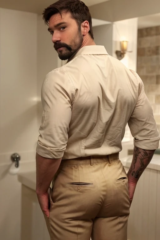 JordanBrandt, 45yo, short mustache and beard, wearing ropa semi formal, creme trousers, backside