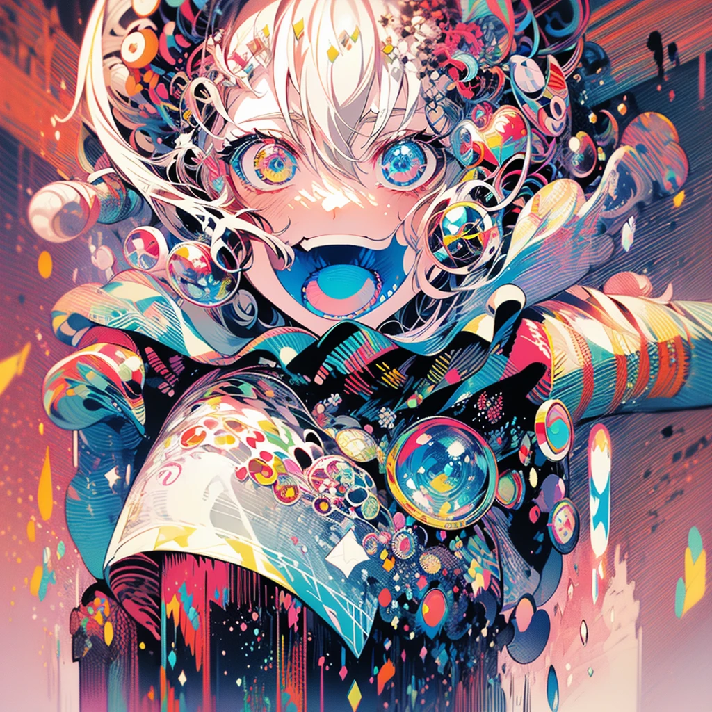 girl with,Solo, Heterochromia,red and blue eyes,long curly hair,Two bangs,pale skin, Looking at the viewer,Closed mouth, lightsmile, Beautiful, extremely detailed eye, Close Up Shot,Upper body, Wearing a jacket, Absolutely amazing art, Extremely detailed, highest quality digital art,