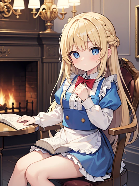 (8k, highest quality, Tabletop:1.2)、Ultra-high resolution、Alice in Wonderland, One ****************, Detailed face、blue eyes, Blonde, Braid, Blue Dress, White apron, Clothes with bulging sleeves, room with fireplace, chandelier, sitting on a wooden chair, I read a book