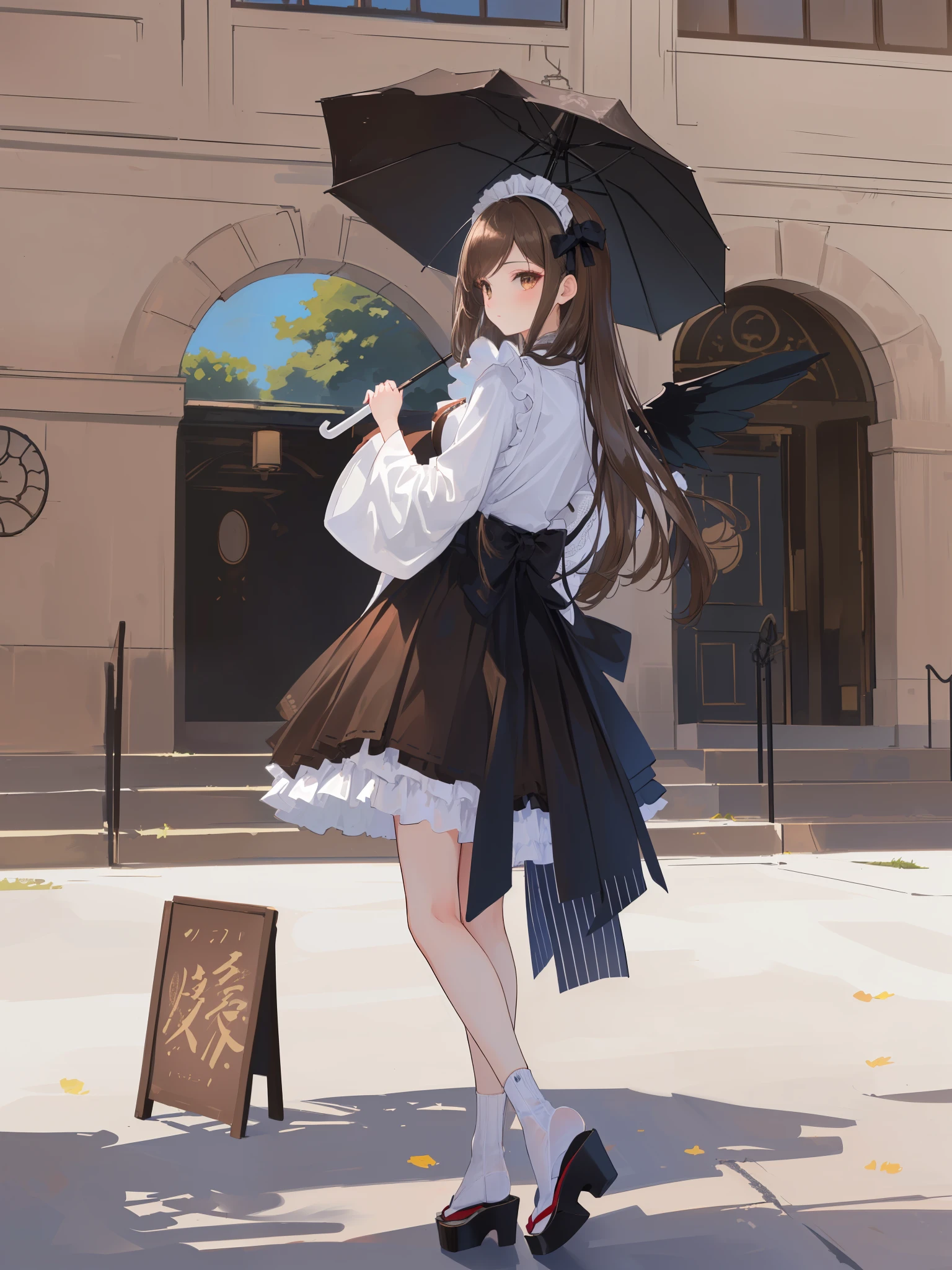 (brown long hair swept bangs:1.3), araffe dressed in a black and white outfit holding an umbrella, lolita style, victorian gothic lolita fashion, lolita fashion, , kantai collection style, sakimichan, japanese clothes, rin, maid outfit, hakama kimono, intricate hakama, fantasy style clothing, hip skirt wings, lolish, lolita