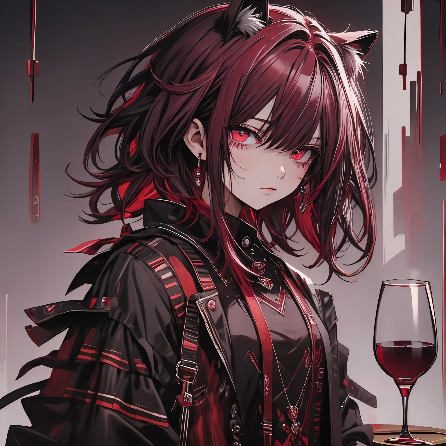 boyish、Visual Kei、Rock Clothes、Black clothes、Red checked clothes、Short Hair、Long nape、Cat ears with wine red ribbon、Burgundy hair、wine red eyes、cool、cool