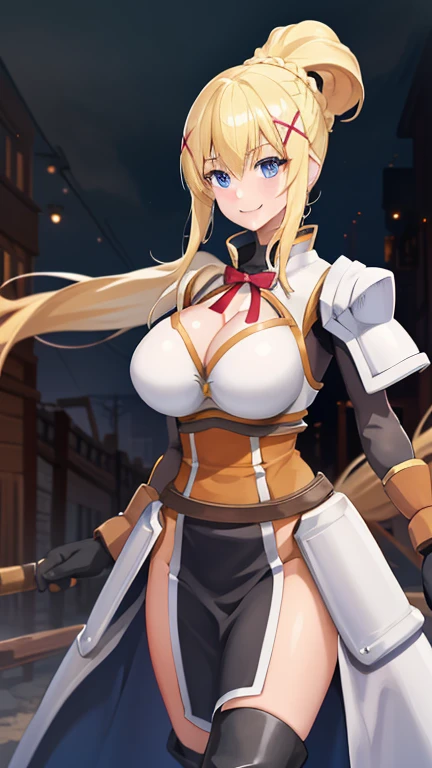 highest quality, High resolution, One girl, Long Hair, Blonde, x hair ornaments, armor, blue eyes, ponytail, hair ornaments, gloves, shoulder armor, Braiding, black gloves, Scapula, White boots, darkness \(KonoSuba\), ((Large Breasts)), ((Huge breasts)), Cowboy Shot, Dark city alleys , smile,