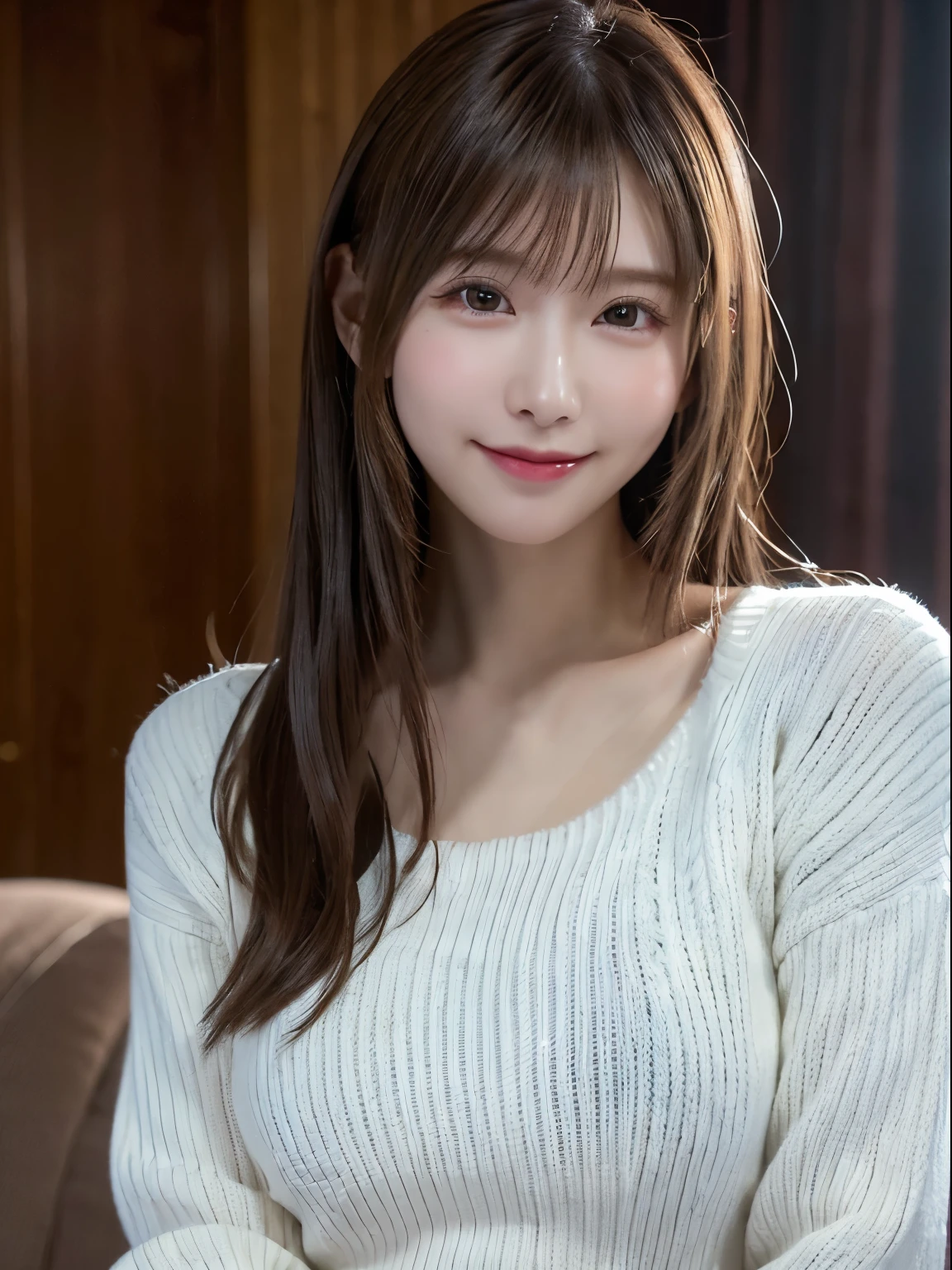 1 Japanese girl,(White sweater:1.4), (RAW Photos, highest quality), (Realistic, Realistic:1.4), Tabletop, Very delicate and beautiful, Very detailed, 8k wallpaper, wonderful, In detail, Very detailedなCG Unity, High resolution, Soft Light, Beautiful details 19 years old, Very detailedな目と顔, Beautiful and detailed nose, Beautiful details,Cinema Lighting,Perfect Anatomy,Slender body,smile  (Asymmetrical bangs,)