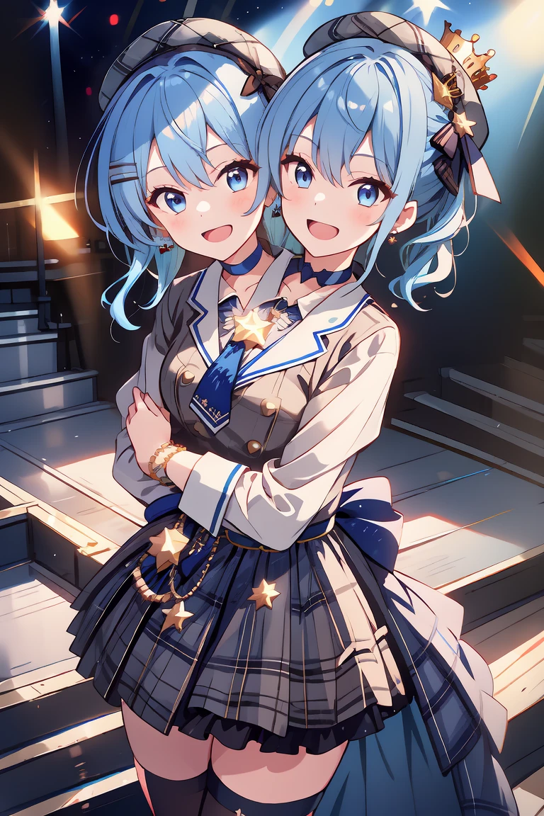 (masterpiece, best quality), best resolution, 16k, (2heads:1.5), close-up, 1girl, solo, HoshimachiSuisei, side ponytail, blue hair ribbon, SuiseiBase, plaid beret, crown, blue star choker, star earrings, blue ascot, plaid jacket, plaid skirt, layered skirt, partially fingerless gloves, star bracelet, uneven legwear, thigh strap, standing, ((cheek to cheek)), (own hands together, praying hangs), smile, open mouth, singing, look at each other, stable, concert stage, starfield, spotlight