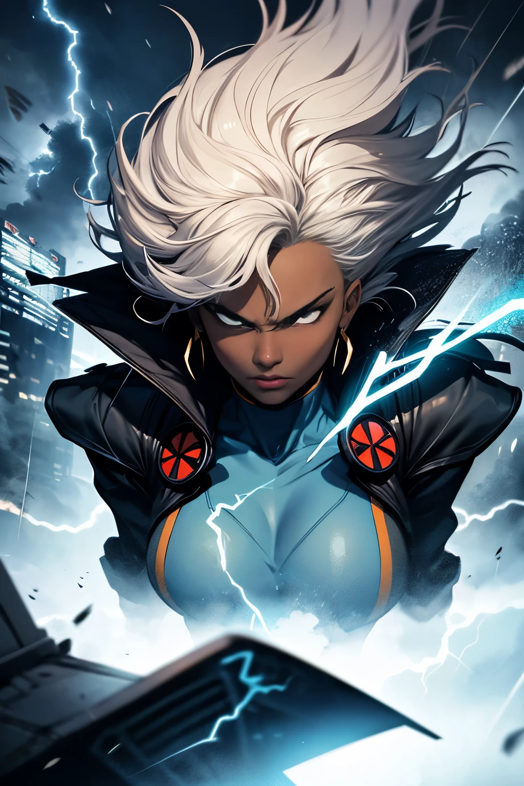 best quality,highres,ultra-detailed,realistic:1.37,professional, black skin, dynamic,action shot,storm character art,storm from the X-Men,storm conjuring lightning,storm with flowing white hair,storm with intense gaze,storm in a powerful pose,strong facial features,storm's iconic cape,storm surrounded by storm clouds,storm with dramatic lighting,storm's eyes glowing white,storm's lightning powers crackling,storm with an intense expression,storm with a determined look,storm wearing her classic costume,storm floating in the air,storm with winds swirling around her,storm creating a thunderstorm,storm casting lightning bolts,storm's cape billowing in the wind,storm with a fierce and confident posture,vivid colors,bokeh,portrait