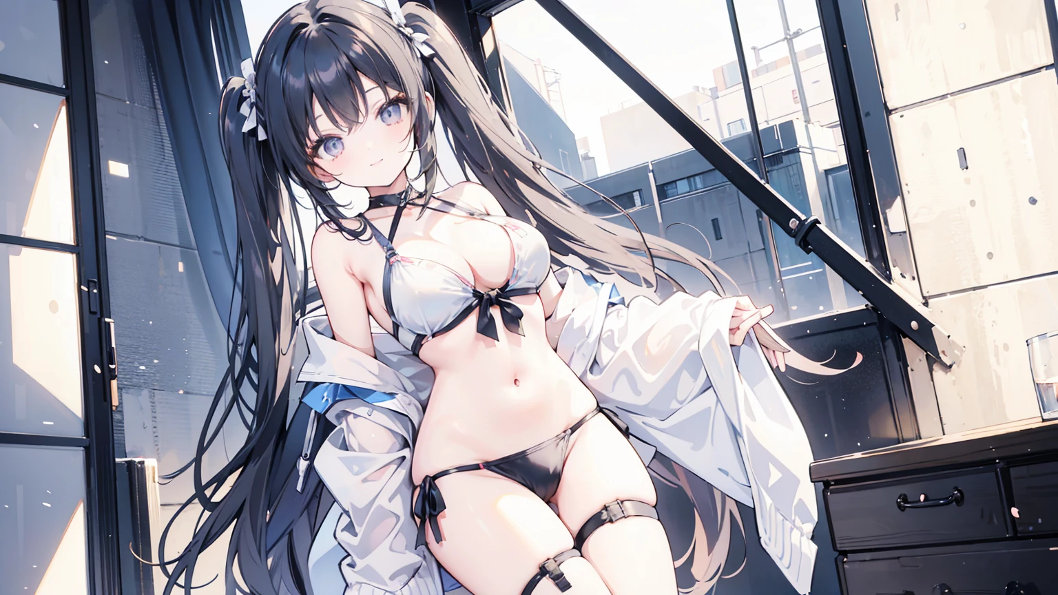 masterpiece,anime style,chibi,sexy girl,black hair,shoulder length hair with two pigtails,bikini,smiling,larger breasts,waiting on the right side of the image,showing cleavage,full body,standing,