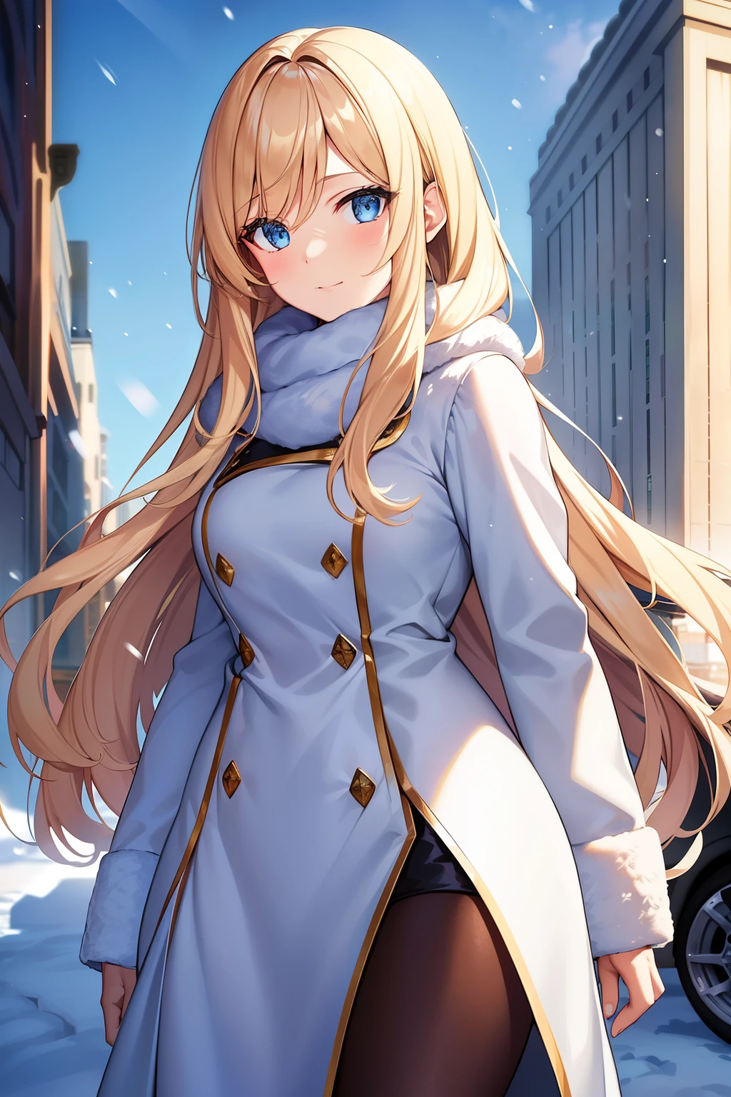 Professional portrait photograph of a radiant Norwegian girl, standing amidst the snow-capped city streets, adorned in elegant winter fashion clothing. Her long, wavy blonde hair cascades down her shoulders, framing her flirty, sultry expression. With a symmetrical, gorgeous face, enhanced by cute and natural makeup, she exudes an air of charm.

The captivating image is set against the backdrop of a stunning, modern city environment, with healing winter sun casting a surreal, concept art-like glow over the scene. Sharp focus on her face and the depth of field enhances the wheels within wheels of intricacy in her winter clothing. The high definition 8k