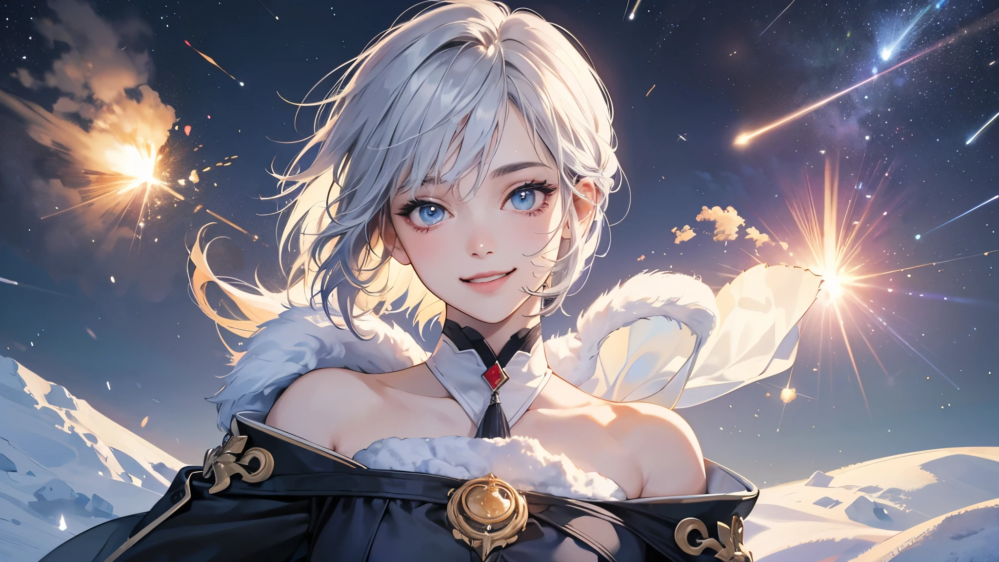 (perfect anatomy:1.2)(absurdres, highres, ultra detailed),masterpiece,best quality,high resolution,8k,Realistic face,Realistic skin texture,magnified textures, stunning clarity,detailed anime girl,(ultra detailed eyes and face), girl,silver hair,short cut,(happy:1.7),fair skin,jazzy dress,Shoulder Bare,,(Snowfield),(midnight),(blizzard),(Meteor shower:1.3),,wink,upper body,from front,look at viewer,confident pose