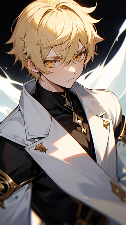 Aether from Genshin Impact. Blonde short hair. 1boy. Golden eyes. Perfect face. Glowing eyes. White coat with black fur. Serious expression.