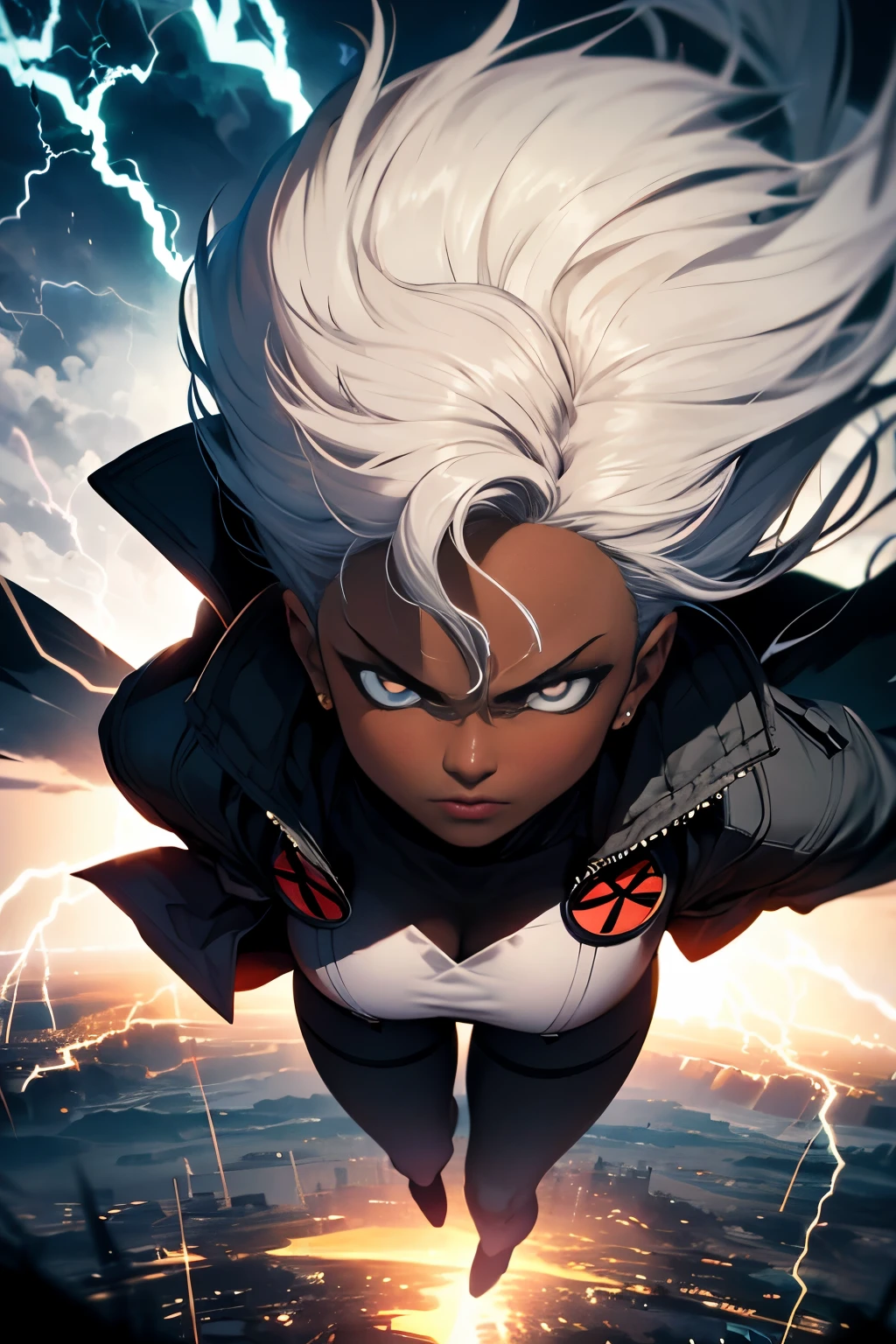 best quality,highres,ultra-detailed,realistic:1.37,professional, black skin, dynamic,action shot,storm character art,storm from the X-Men,storm conjuring lightning,storm with flowing white hair,storm with intense gaze,storm in a powerful pose,strong facial features,storm's iconic cape,storm surrounded by storm clouds,storm with dramatic lighting,storm's eyes glowing white,storm's lightning powers crackling,storm with an intense expression,storm with a determined look,storm wearing her classic costume,storm floating in the air,storm with winds swirling around her,storm creating a thunderstorm,storm casting lightning bolts,storm's cape billowing in the wind,storm with a fierce and confident posture,vivid colors,bokeh,portrait