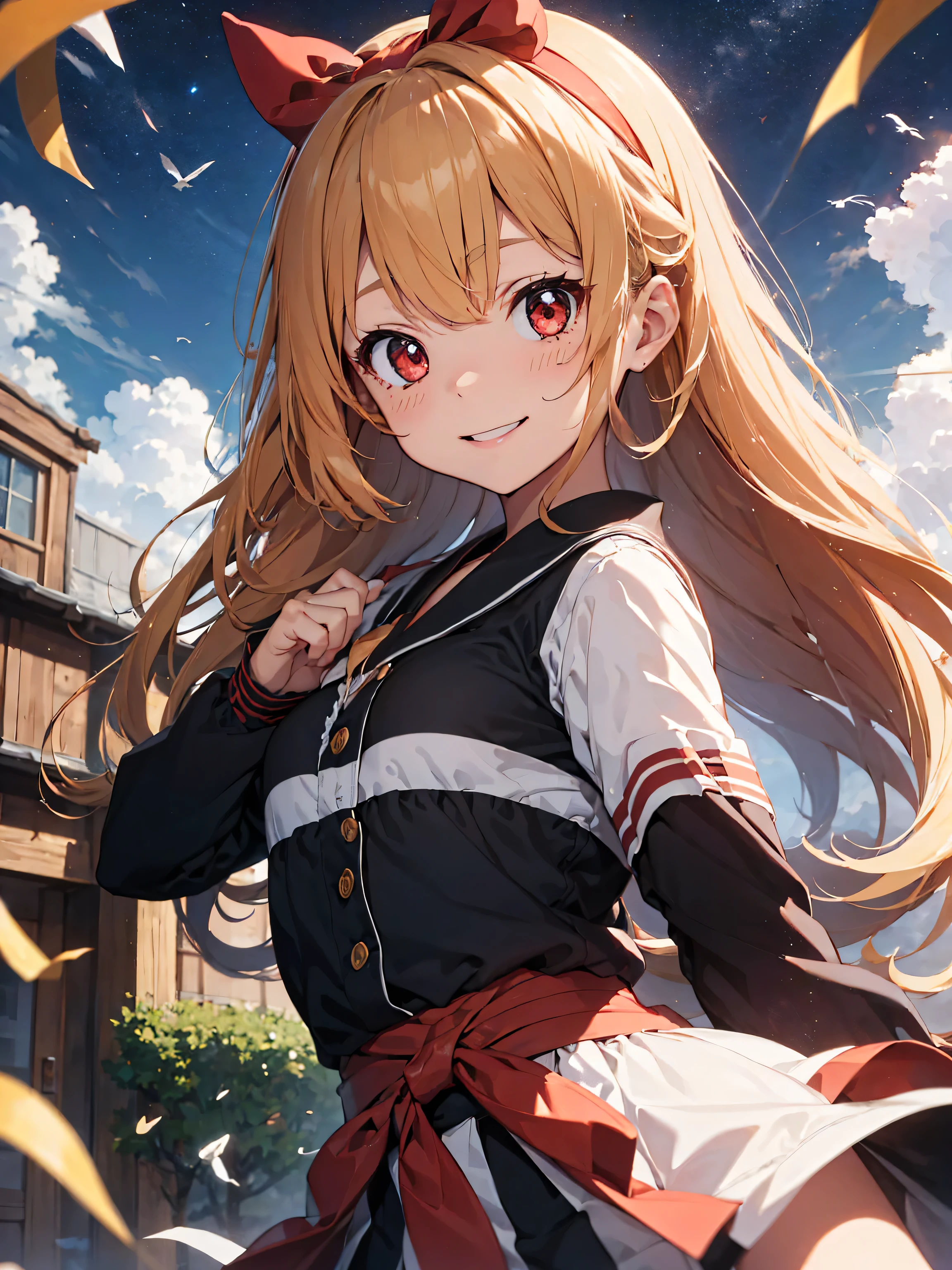 Confused, Samurai Spirits,
flat chest,(Browsing Caution:0.7),(hair bandに赤いリボン:1.2),8k,highest quality,masterpiece,1 girl, eagle, Stagnation, red bow, bow, Long Hair, hair bow, alone, hair band, Blonde, sash, bangs, chest, Red eyes:1.5, smile,blush, Bird's Eye View ,School Back of the school building,Peeking from below,(masterpiece:1.2), highest quality, High resolution, unity 8k wallpaper, (shape:0.8), (Beautiful and detailed:1.6), Highly detailed face, Perfect lighting, Highly detailed CG, (Perfect hands, Perfect Anatomy),