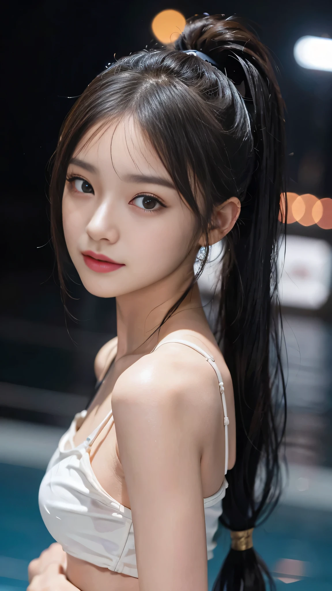 night,It's dark outside,Resort Pool lit up with neon lights at midnight,bikini,Close up face,One woman,masutepiece, The highest image quality, High quality, the background is clear,Beautiful woman, Japanese, Detailed, Detailed eyes, Detailed skin, Beautiful skin, 超hight resolution, (reality: 1.4),Very beautiful woman, Slightly younger face, Beautiful skin, slender, (Ultra photo realsisim), (hight resolution), (8K), (Very detailed) (beautifully detailed eyes), (super detailed), (Detailed face), view the viewer, Fine details, Detailed face, Staring straight ahead, Staring straight ahead, photos realistic, Bright lighting, Professional Lighting, Black hair,poneyTail,a baby face,fifteen years old,Hairstyle: ponytail,Long ponytail hairstyle,slight smile,neat and tidy clothing,Beautiful Japanese KPOP idol photo, hair style is ponytail, my eyes are double and wide, baby face, smile and look straight ahead, slender, small breasts,Close up face,