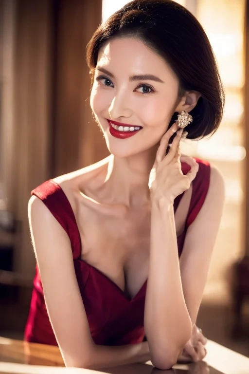 classic hollywood glamor, 1 Girl, Dazzling accessories, (Charming eyes, Red lips, Flawless skin), Smile,Dramatic pose, interesting composition, spot lighting, Rich shadows, Shallow and deep, Shiny Bokeh, Fine details, High resolution, 35 mm film, Timeless elegance. Portrait Photography, 35 mm film, natural blurry, (Simple background:1.2),full-body shot