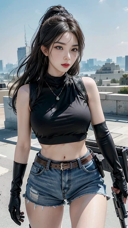 ((highest quality)), (masterpiece), realistic, photorealism, One girl aiming with an ak-47 assault rifle, High resolution, 1 female, (huge :1.5), view viewer, (detailed face), (high top fade:1.3) , SWAT vest, earrings, black gloves, battlefield costume, bare stomach and shoulders, Intercrural legs, building background,
