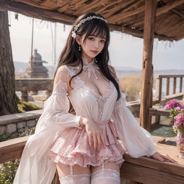 best quality, masterpiece, lifelike, 1 girl, solitary, eternal, Black Hair, Long curly hair, Bangs, laugh out loud, Layered lace skirt, Puff sleeves, Wide sleeves, Transparent sleeves, Detailed background, Delicate face,pink blush,White knee socks, cold,Lots of lace,((masterpiece))、(top quality)、8k、High Detail、Super detailed、 21 years old female,masterpiece、born、Intricate details showcase the ruffles and intricate designs of the ta dress、Fair、magic、realism、Visual effect、FXAA、SSAO、shader、voiceless、Ambient Lighting、Tone Mapping、high resolution、Ultra HD、Million pixels、(8k resolution:1.10)、8k resolution、High Detail、Intricate details、 (high quality:1.2、masterpiece:1.2、:1.21)、(21 years old female),Hair accessories are not allowed, Smile happily,Short skirt,Underwear looming,outdoor,Huge breasts,Low-cut clothes