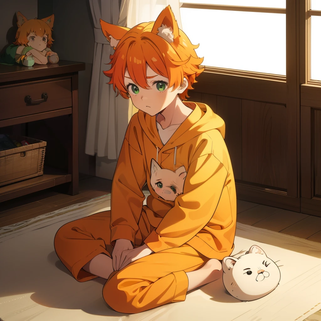 orange hair, green eyes, boy, 10 YO, animal ears, cute, shota, cute pijama, slippers, tired, drowsy