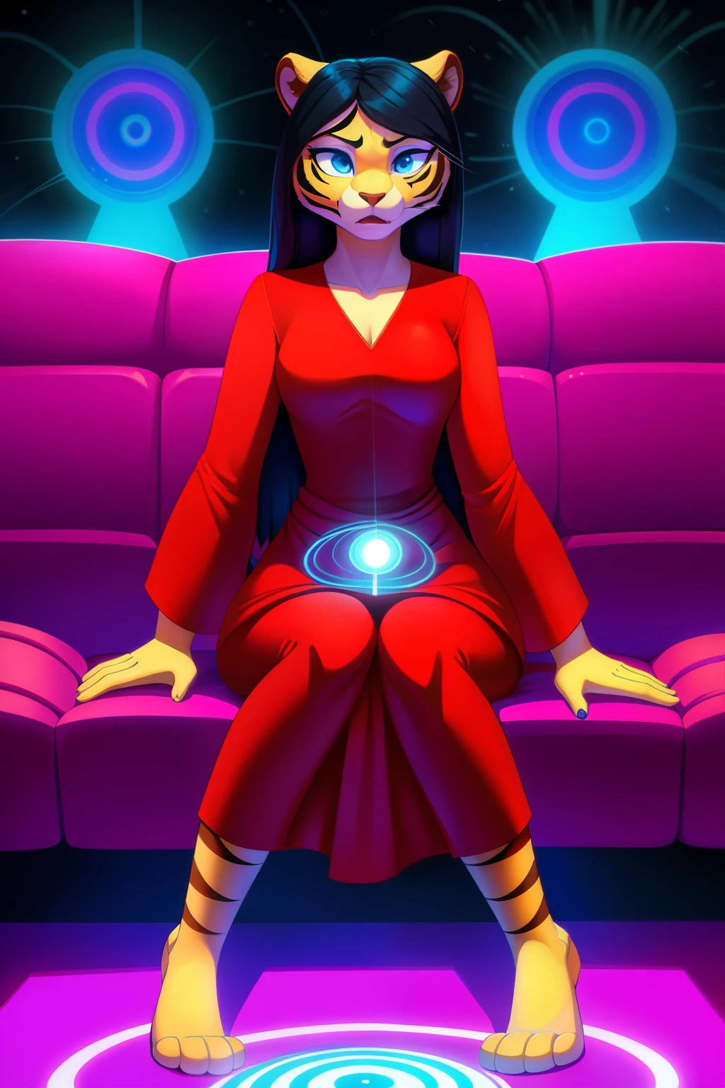 1 girl, hypnotized housewife, tigress anthro, black hair, blue eyes, empty eyes, red dress, sitting on couch, at home, mind-controlled, hypnotized, dazed, 3D Disney style