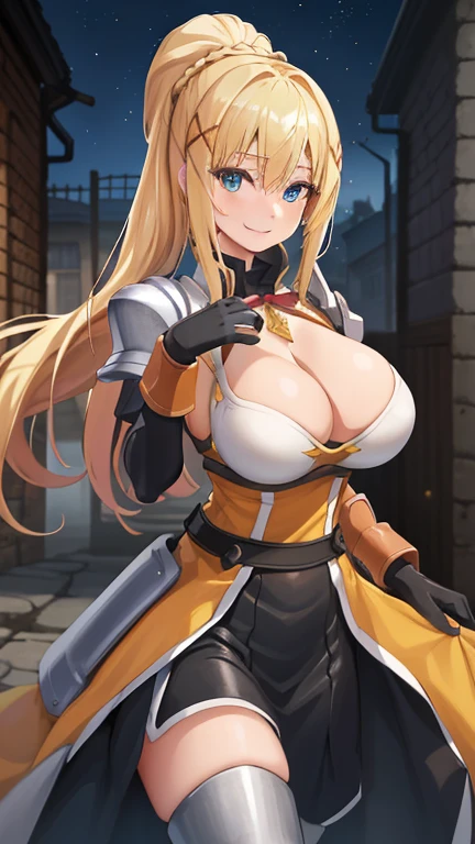 highest quality, High resolution, One girl, Long Hair, Blonde, x hair ornaments, armor, blue eyes, long hair, hair ornaments, gloves, shoulder armor, Braiding, black gloves, Scapula, White boots, darkness \(KonoSuba\), ((Large Breasts)), ((Huge breasts)), Cowboy Shot, Dark city alleys , smile,