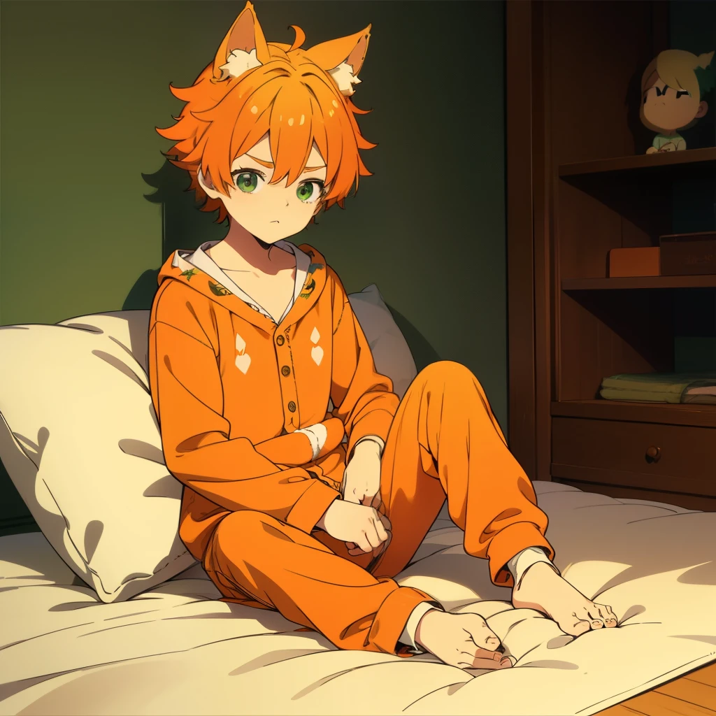 orange hair, green eyes, boy, 10 YO, animal ears, cute, shota, cute pijama, slippers, tired, drowsy