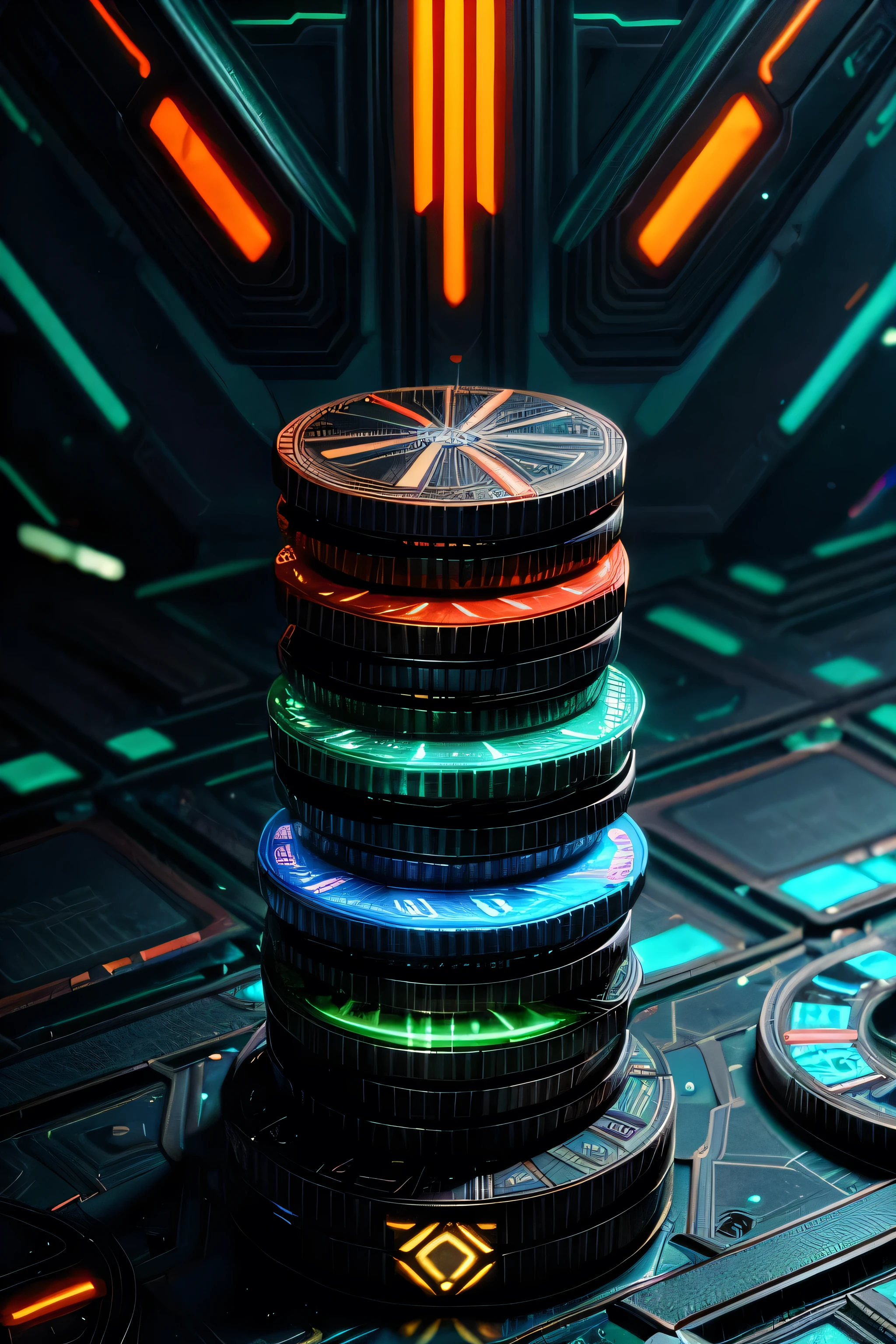 A close-up shot of futuristic cyberpunk-inspired coins arranged in a stack, their metallic surfaces reflecting neon lights and digital patterns, symbolizing the intersection of technology and finance. --ar 16:9