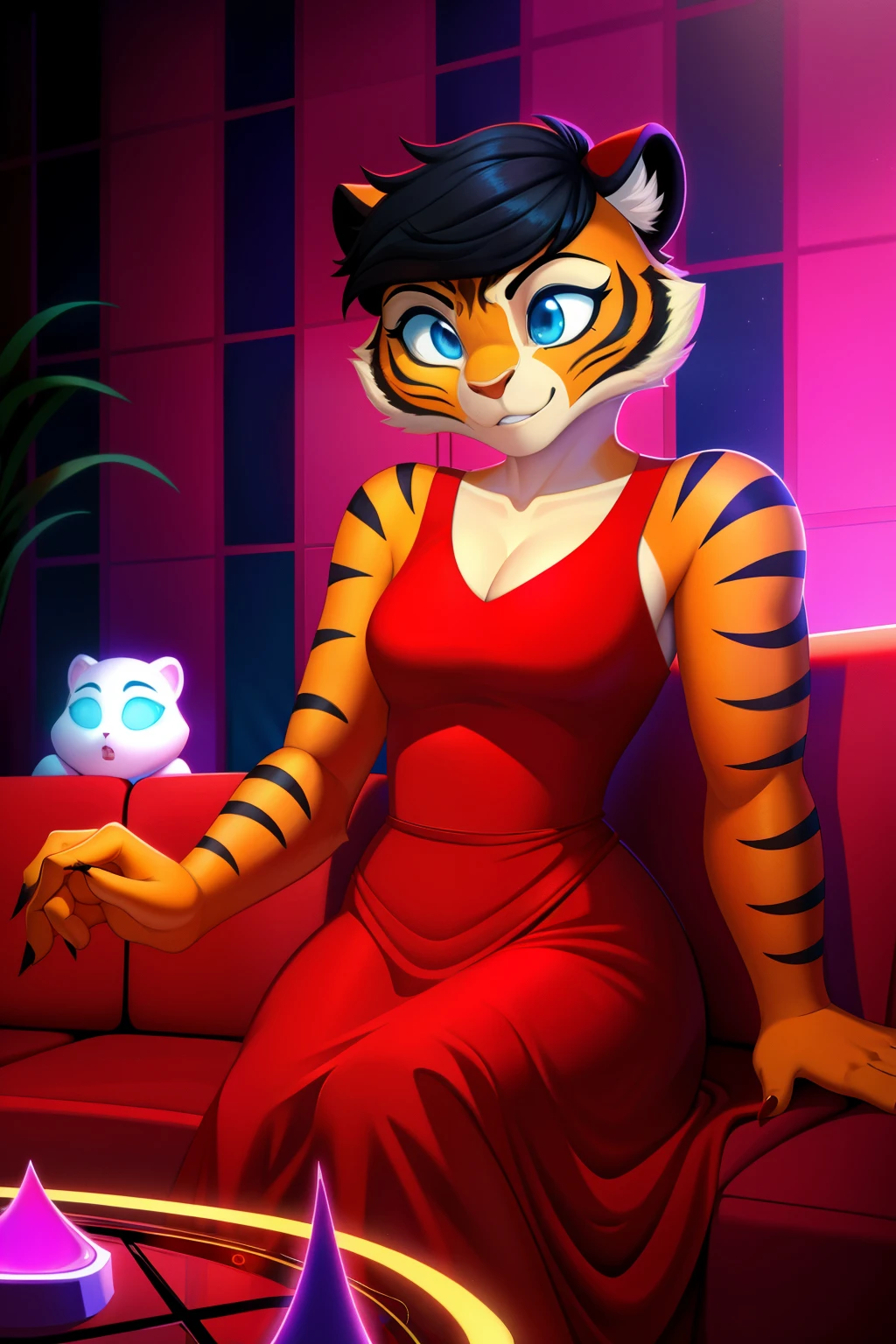 1 girl, hypnotized housewife, tigress anthro, black hair, blue eyes, empty eyes, red dress, sitting on couch, at home, mind-controlled, hypnotized, dazed, 3D Disney style